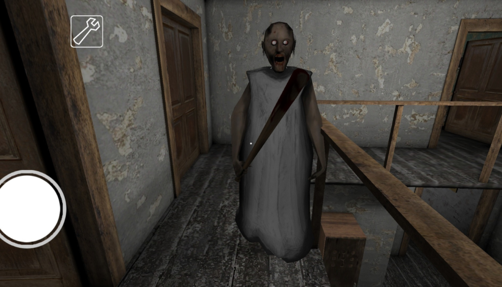 Eerie haunted house interior with a creepy old woman, Granny, near a dark doorway while a player character hides behind furniture